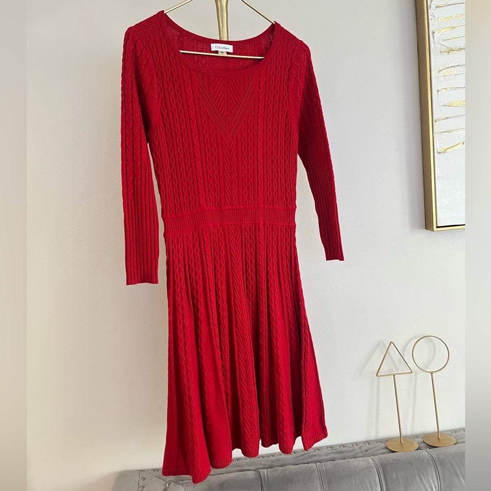 Calvin Klein Vibrant Red modest casual Knit Long Sleeve Dress S